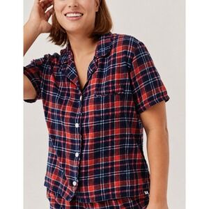 Pact Organic Cotton Flannel Plaid Pajama Top Navy Orange Pink XL Short Sleeve